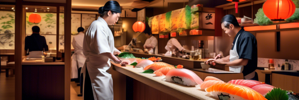 A vibrant scene of a modern sushi bar with a skilled sushi chef meticulously preparing an assortment of colorful, fresh sushi and sashimi. The counter is f