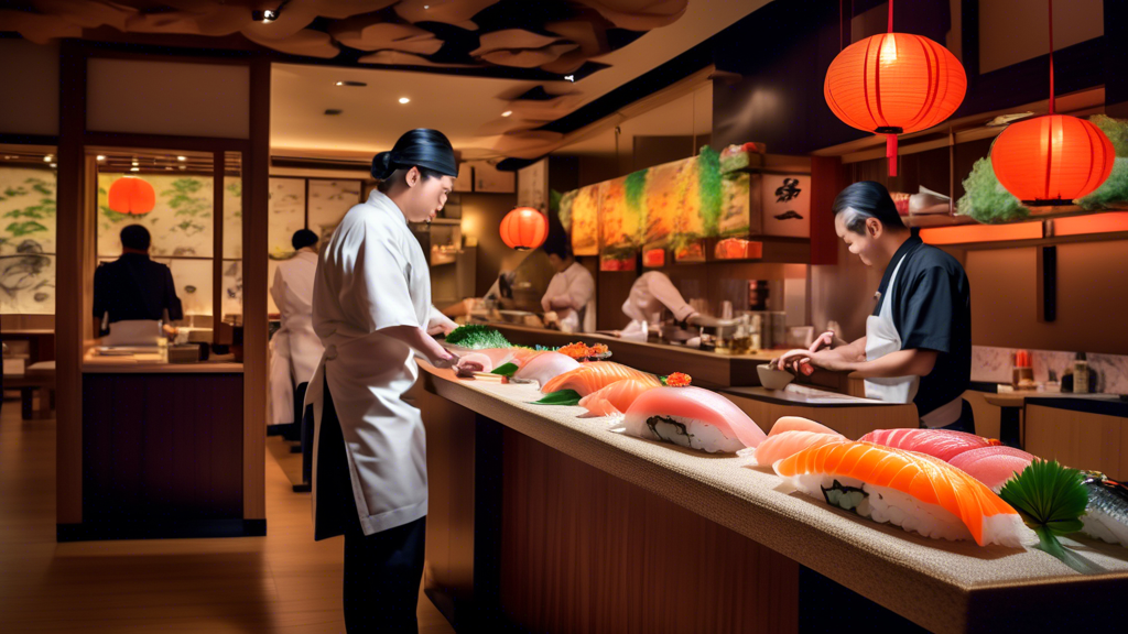 A vibrant scene of a modern sushi bar with a skilled sushi chef meticulously preparing an assortment of colorful, fresh sushi and sashimi. The counter is f