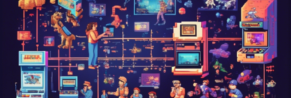 A timeline illustration depicting the evolution of gaming: starting with an 8-bit pixelated game character on the left, transitioning through various stage