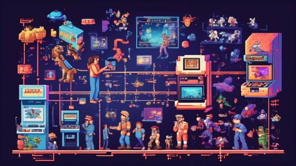 A timeline illustration depicting the evolution of gaming: starting with an 8-bit pixelated game character on the left, transitioning through various stage