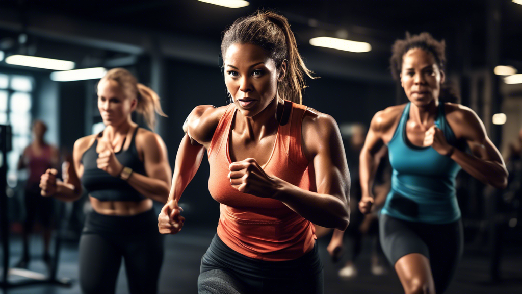 Create an image that captures the essence of HIIT (High-Intensity Interval Training) workouts. The scene should showcase a diverse group of people engaged