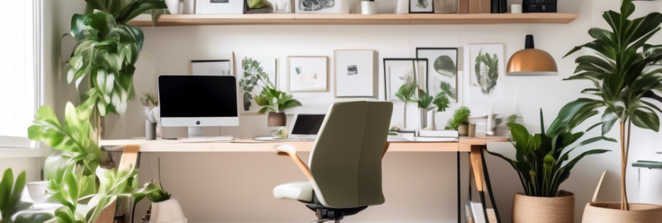 A bright and modern home office filled with natural light, featuring an ergonomic chair, a spacious desk with dual monitors, a sleek laptop, and a variety