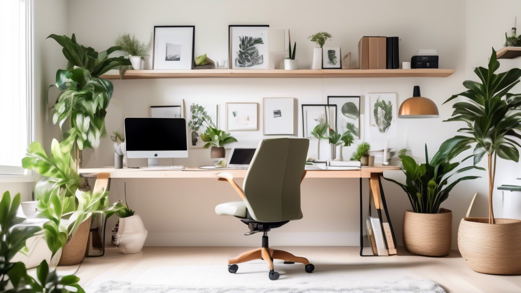 A bright and modern home office filled with natural light, featuring an ergonomic chair, a spacious desk with dual monitors, a sleek laptop, and a variety