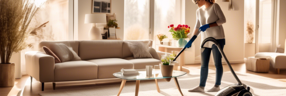 A cozy and modern living room with sunlight streaming through the windows, showcasing a neat and organized space. A person wearing cleaning gloves is seen