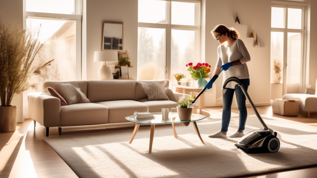 A cozy and modern living room with sunlight streaming through the windows, showcasing a neat and organized space. A person wearing cleaning gloves is seen