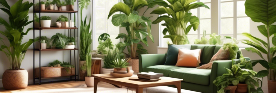 A cozy, sunlit living room adorned with a variety of indoor plants like a tall fiddle leaf fig, hanging pothos vines, blooming peace lilies, and vibrant sn