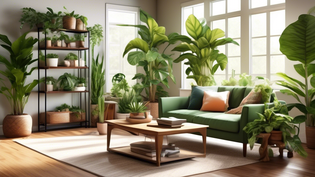 A cozy, sunlit living room adorned with a variety of indoor plants like a tall fiddle leaf fig, hanging pothos vines, blooming peace lilies, and vibrant sn