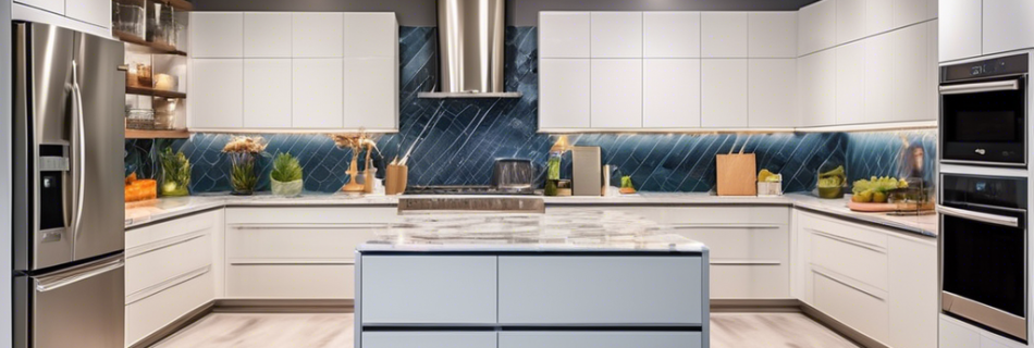 Create an ultra-modern kitchen interior featuring a sleek island with a marble countertop, high-tech stainless steel appliances, custom cabinetry with soft