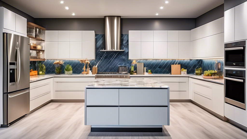 Create an ultra-modern kitchen interior featuring a sleek island with a marble countertop, high-tech stainless steel appliances, custom cabinetry with soft