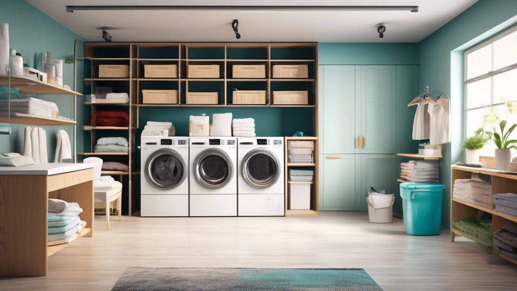 A detailed and organized laundry room featuring modern appliances, labeled bins for sorting clothes by color and fabric type, shelves neatly stocked with e