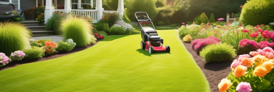 A picturesque suburban yard with a lush, green lawn. A gardener is seen mowing the grass with a modern lawnmower, while colorful flowers bloom in neatly ar