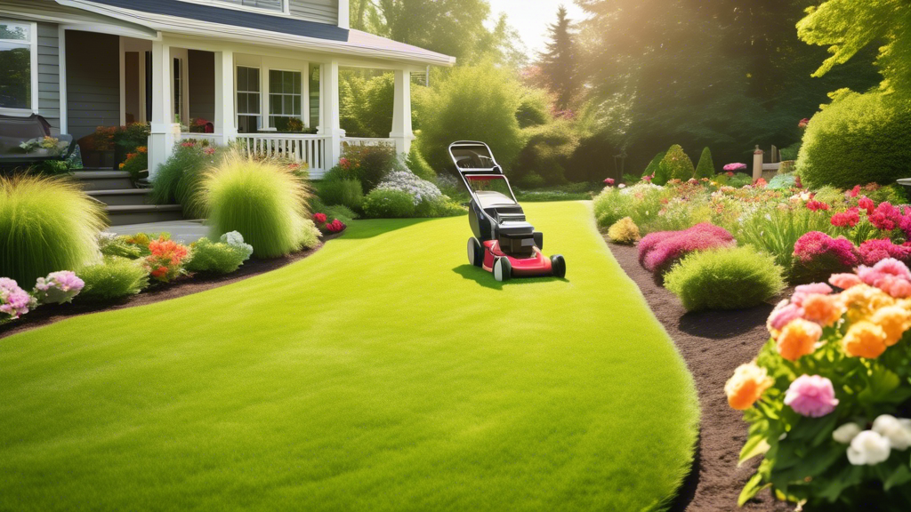 A picturesque suburban yard with a lush, green lawn. A gardener is seen mowing the grass with a modern lawnmower, while colorful flowers bloom in neatly ar