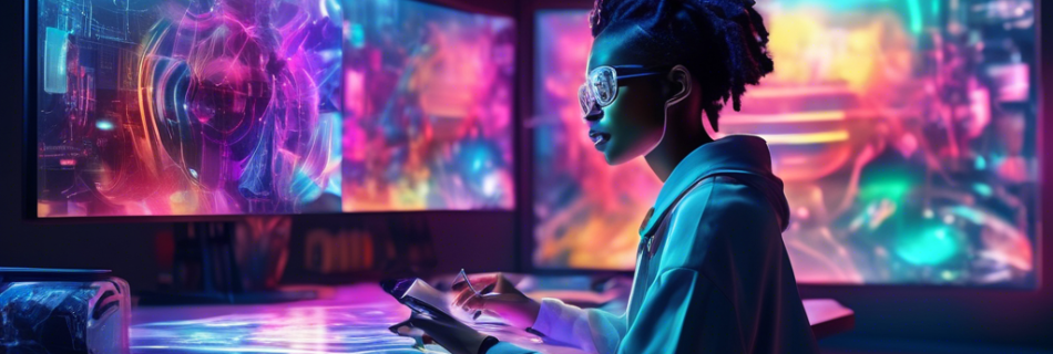 Create an image showcasing LeonardoAI, a futuristic and sleek tool, empowering a diverse group of digital artists as they collaborate in a high-tech studio