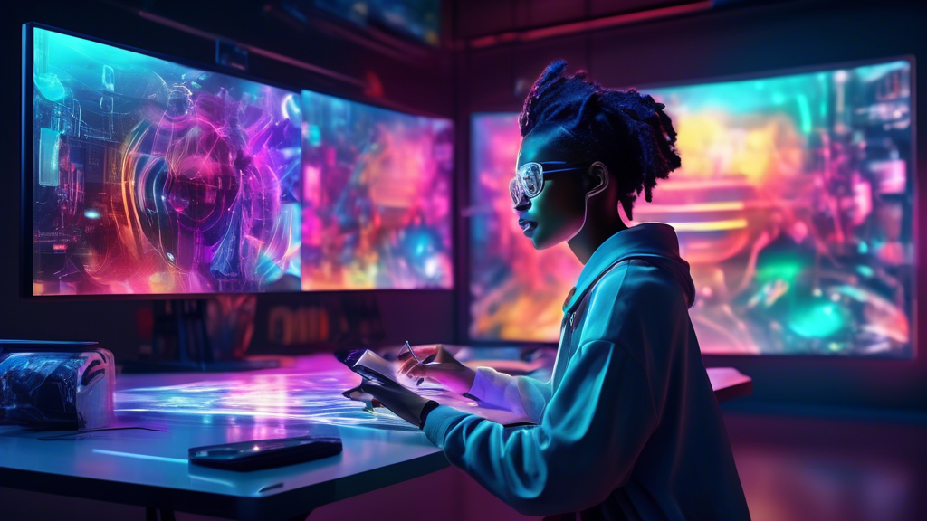 Create an image showcasing LeonardoAI, a futuristic and sleek tool, empowering a diverse group of digital artists as they collaborate in a high-tech studio