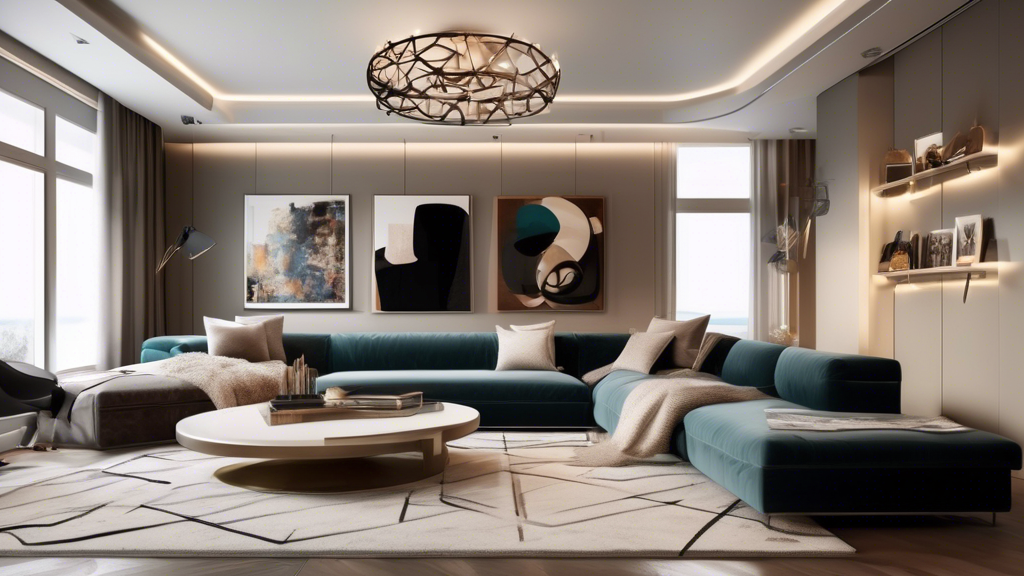 A beautifully designed modern living room showcasing a perfect blend of style and comfort. The space features a cozy sectional sofa with plush cushions, a