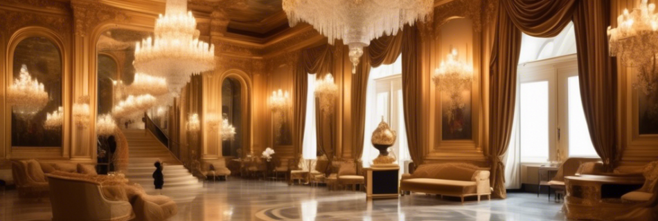 Create an image of a lavish, opulent ballroom with crystal chandeliers, intricately detailed frescoes on the ceiling, and marble floors. The room is adorne