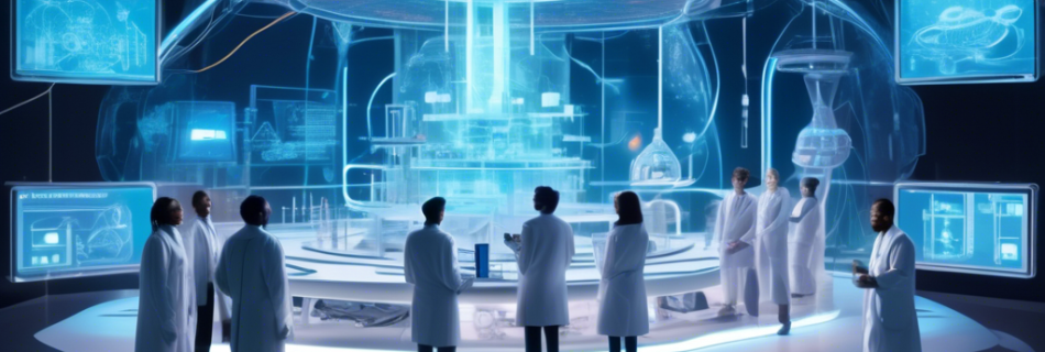 A futuristic landscape with a sleek, high-tech laboratory. In the center, a group of diverse scientists and engineers excitedly unveil a glowing, intricate