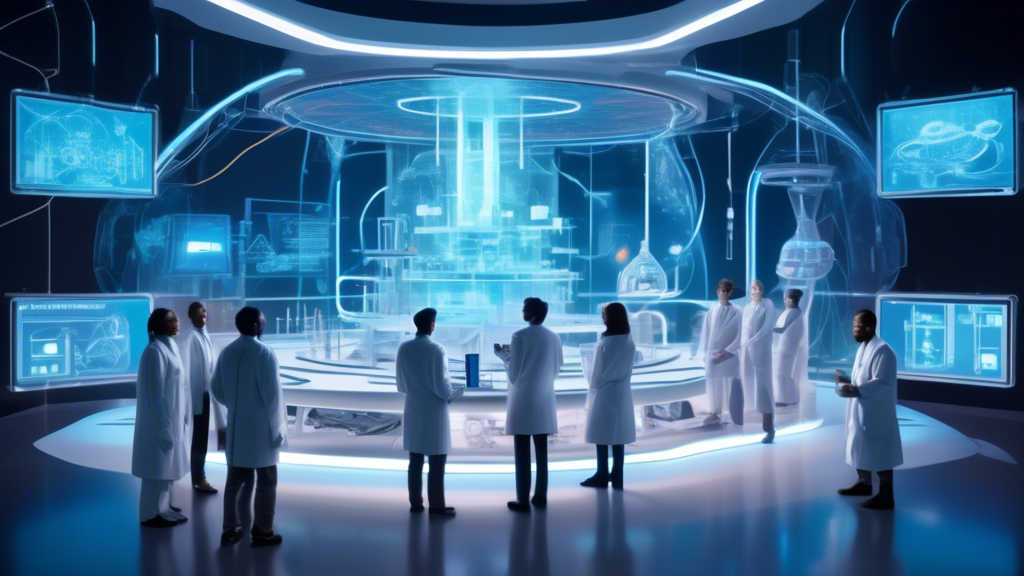 A futuristic landscape with a sleek, high-tech laboratory. In the center, a group of diverse scientists and engineers excitedly unveil a glowing, intricate