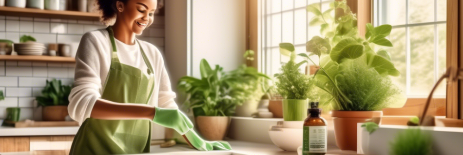 Create an image of a modern, bright kitchen where a person is happily cleaning the countertops with natural cleaning products. Include plant-based products