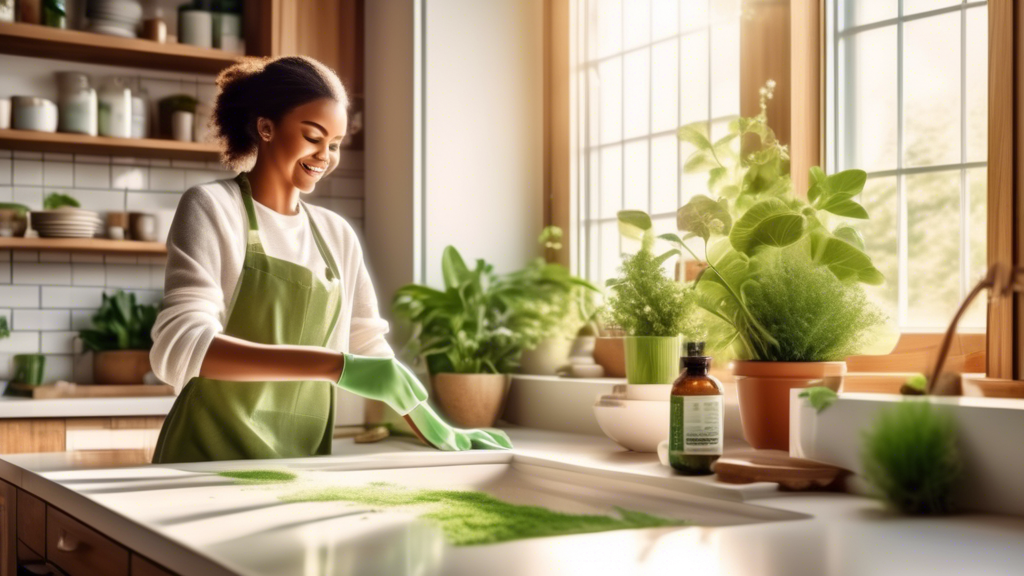 Create an image of a modern, bright kitchen where a person is happily cleaning the countertops with natural cleaning products. Include plant-based products