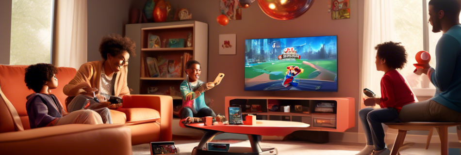 Create an image showcasing a futuristic living room with a family excitedly playing on a Nintendo Switch. The TV displays vibrant, action-packed gameplay,