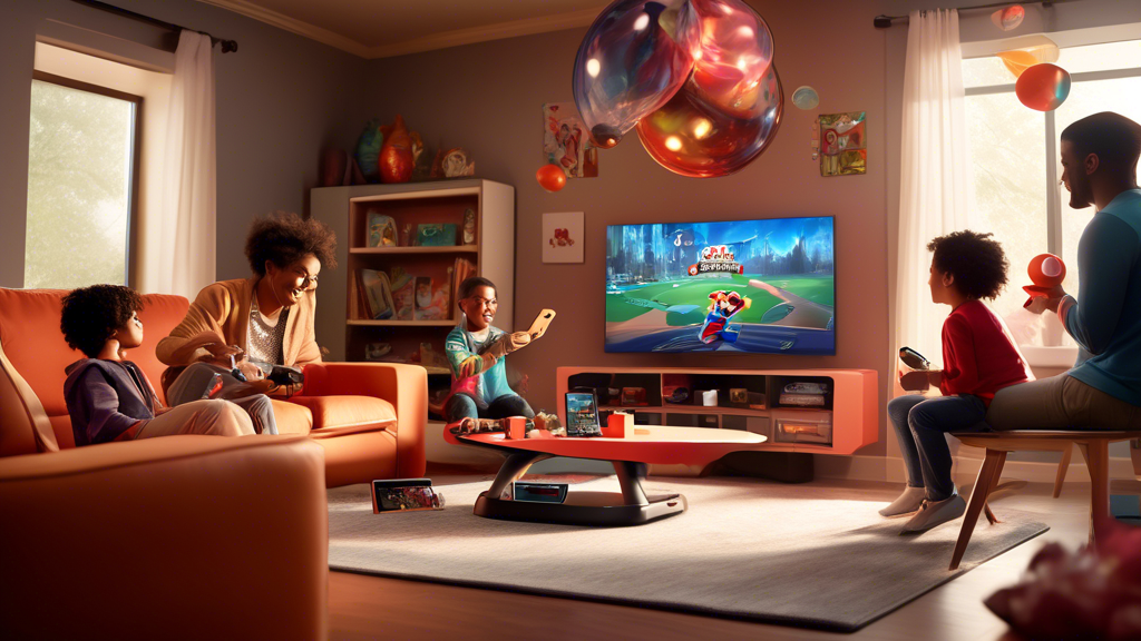 Create an image showcasing a futuristic living room with a family excitedly playing on a Nintendo Switch. The TV displays vibrant, action-packed gameplay,