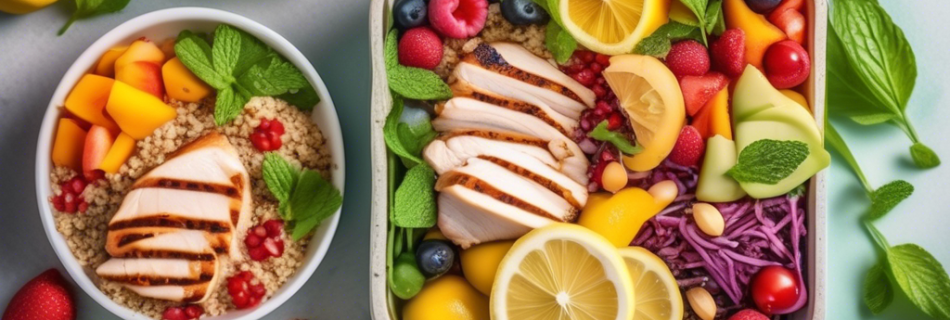 A vibrant image of a colorful, well-balanced meal featuring an assortment of fresh fruits and vegetables, lean proteins like grilled chicken, a side of qui