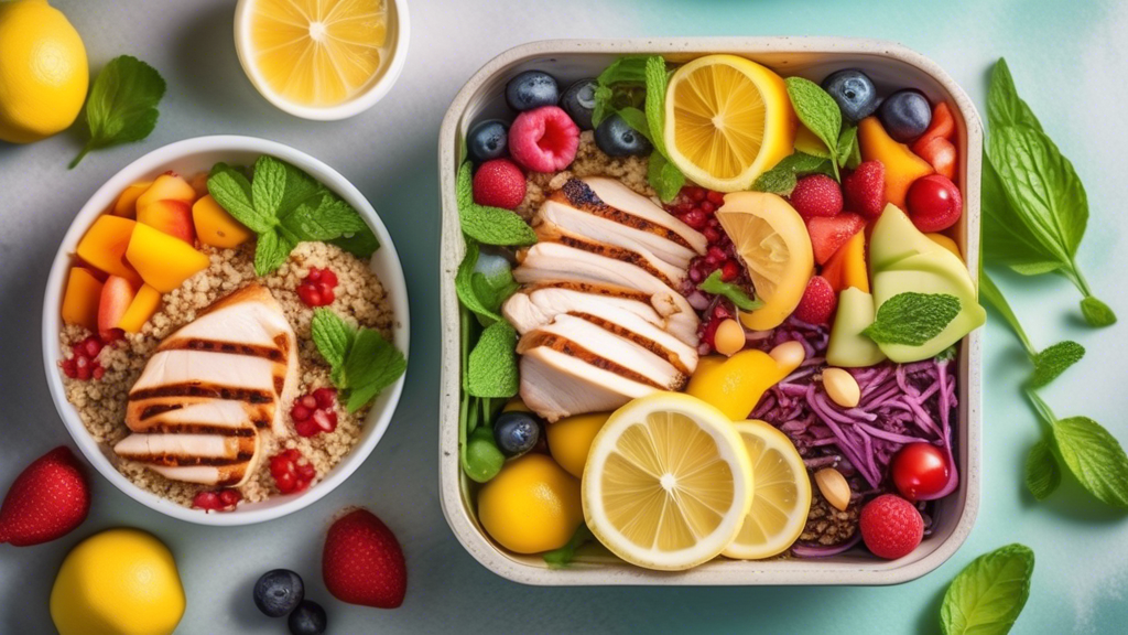 A vibrant image of a colorful, well-balanced meal featuring an assortment of fresh fruits and vegetables, lean proteins like grilled chicken, a side of qui