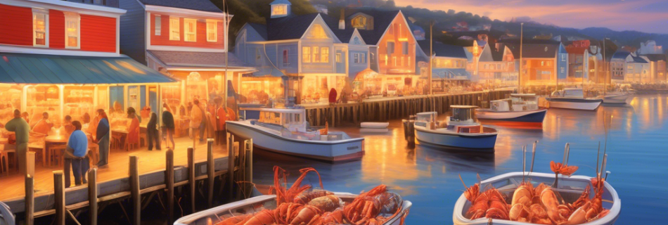 A lively coastal village with a vibrant seafood market, featuring a variety of fresh catches like lobster, shrimp, and fish on display. Nearby, charming se