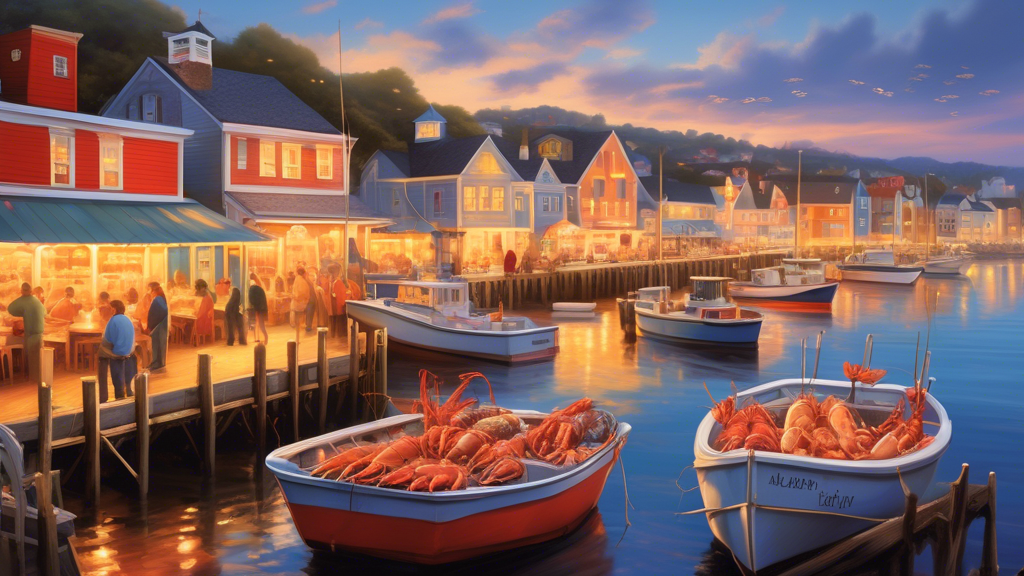 A lively coastal village with a vibrant seafood market, featuring a variety of fresh catches like lobster, shrimp, and fish on display. Nearby, charming se