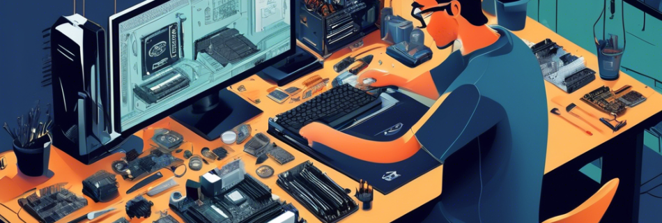 A detailed illustration of a person assembling a custom PC, featuring various computer components such as a motherboard, CPU, graphics card, and RAM, all l