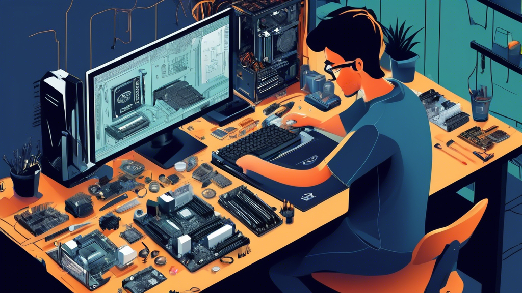 A detailed illustration of a person assembling a custom PC, featuring various computer components such as a motherboard, CPU, graphics card, and RAM, all l