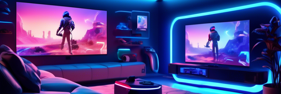 A detailed illustration of a futuristic living room showcasing the sleek design of a PlayStation 5, emitting a subtle blue glow. The scene includes a large