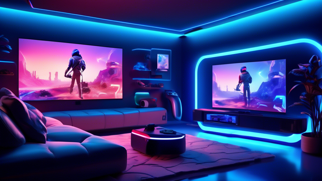 A detailed illustration of a futuristic living room showcasing the sleek design of a PlayStation 5, emitting a subtle blue glow. The scene includes a large