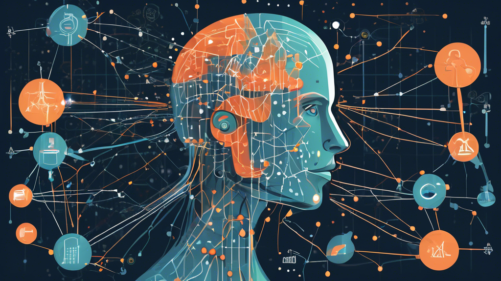 An illustration showing an abstract representation of perplexity in machine learning, with interconnected nodes and algorithms. In the center, a neural net