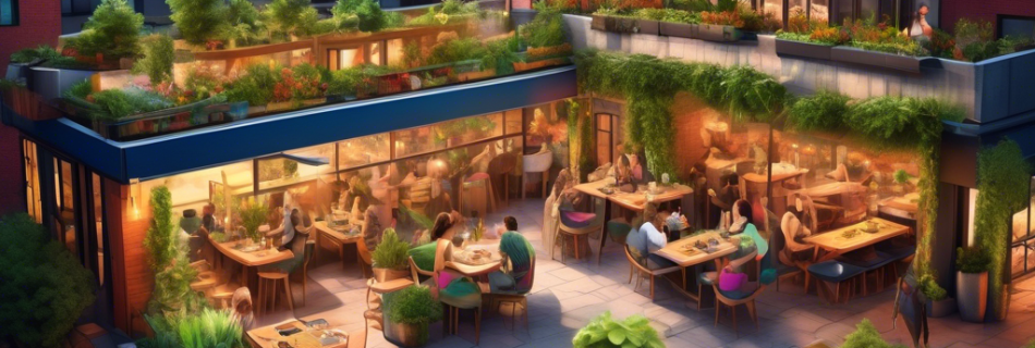 A vibrant cityscape featuring a variety of trendy, outdoor vegan restaurants with lush, green rooftop gardens, colorful plant-based dishes being served to