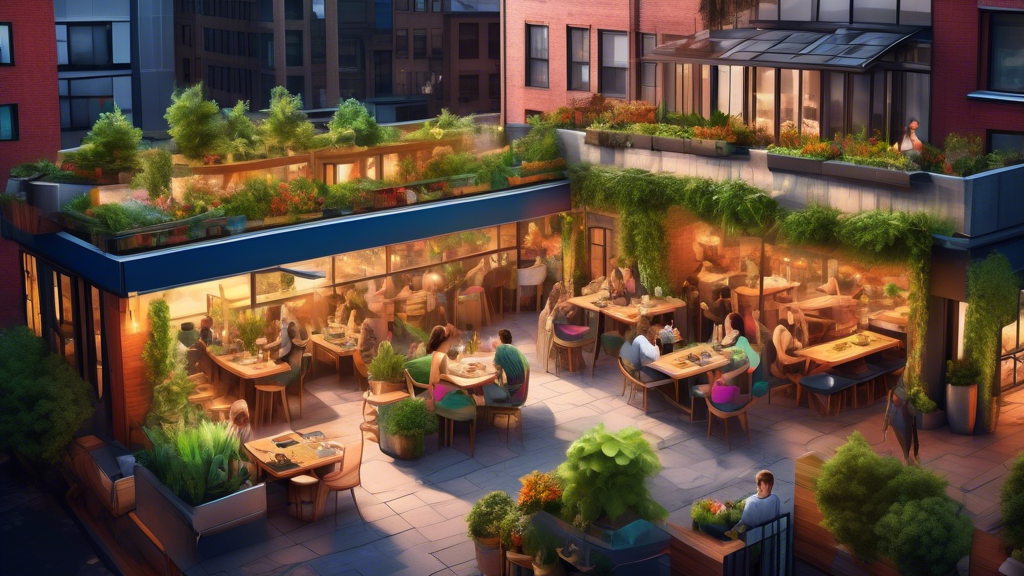 A vibrant cityscape featuring a variety of trendy, outdoor vegan restaurants with lush, green rooftop gardens, colorful plant-based dishes being served to