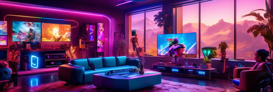 A vibrant and colorful scene featuring a sleek and futuristic living room with a large TV displaying breathtaking next-gen graphics. The centerpiece is a s