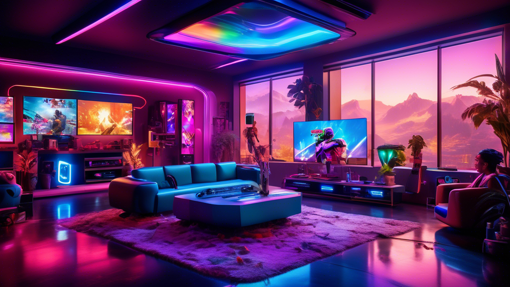 A vibrant and colorful scene featuring a sleek and futuristic living room with a large TV displaying breathtaking next-gen graphics. The centerpiece is a s