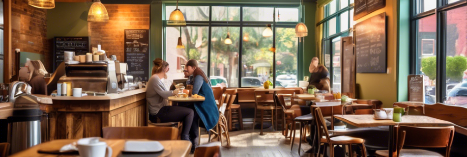 A vibrant morning scene featuring a cozy downtown cafe with an array of breakfast dishes, including pancakes, avocado toast, and freshly brewed coffee, ser