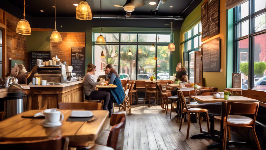 A vibrant morning scene featuring a cozy downtown cafe with an array of breakfast dishes, including pancakes, avocado toast, and freshly brewed coffee, ser