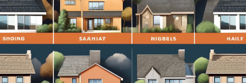 A detailed, high-resolution illustration of various roofing types being compared side-by-side, such as asphalt shingles, metal roofing, clay tiles, wooden