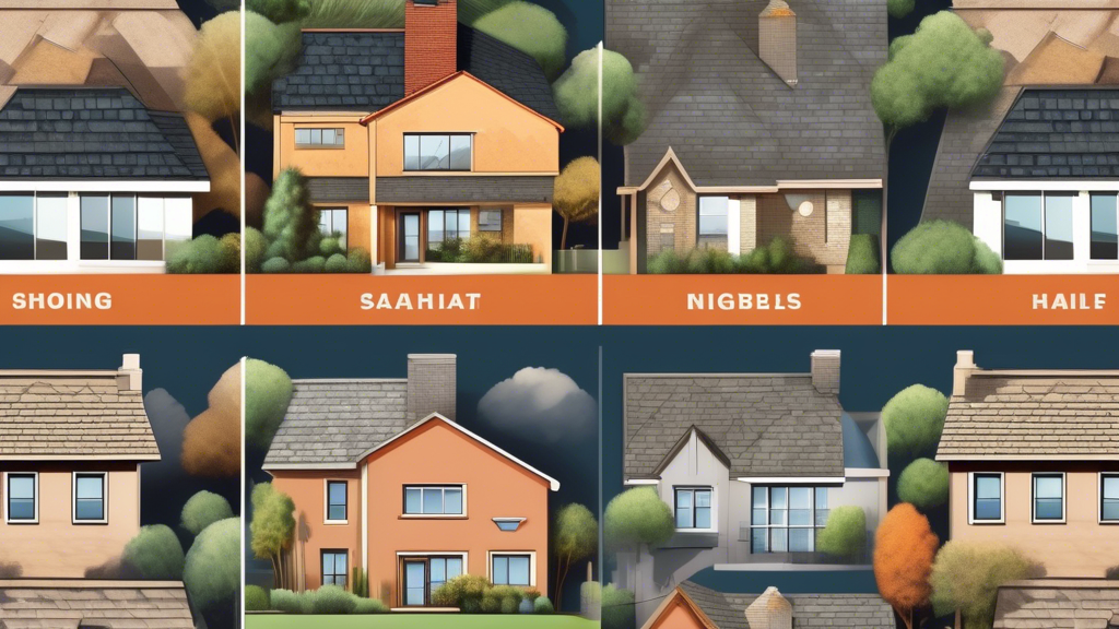 A detailed, high-resolution illustration of various roofing types being compared side-by-side, such as asphalt shingles, metal roofing, clay tiles, wooden