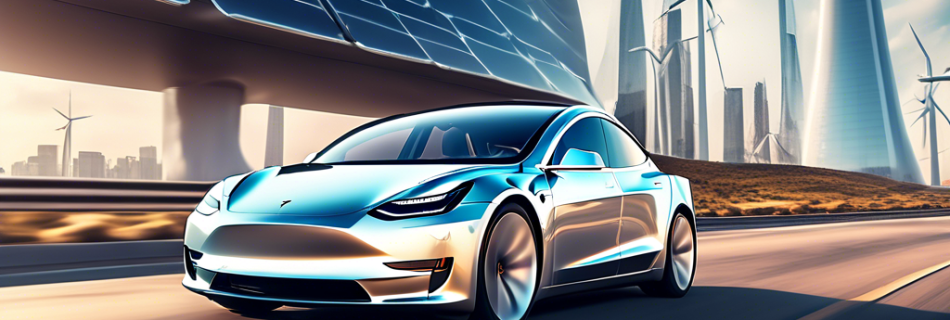 A high-tech Tesla electric vehicle driving on a futuristic highway, surrounded by sleek, modern cityscape with solar panels and wind turbines in the backgr