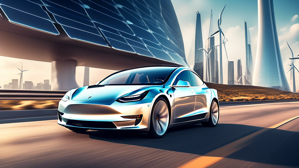 A high-tech Tesla electric vehicle driving on a futuristic highway, surrounded by sleek, modern cityscape with solar panels and wind turbines in the backgr