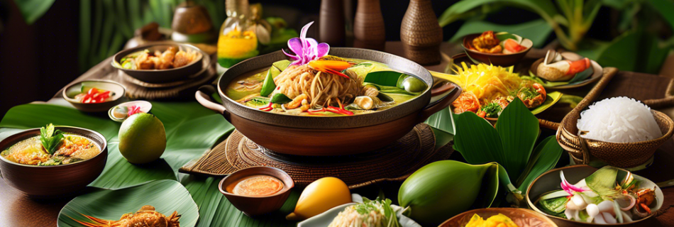 Create an image of a beautifully arranged Thai feast on a traditional woven tablecloth. The table is adorned with a variety of colorful dishes, including P