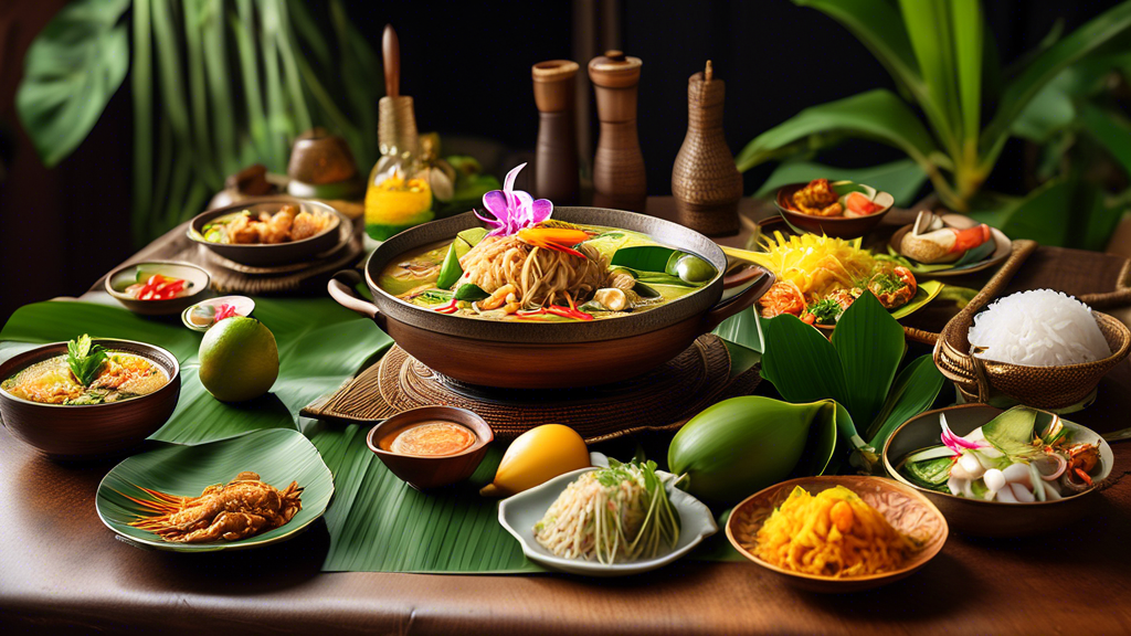 Create an image of a beautifully arranged Thai feast on a traditional woven tablecloth. The table is adorned with a variety of colorful dishes, including P