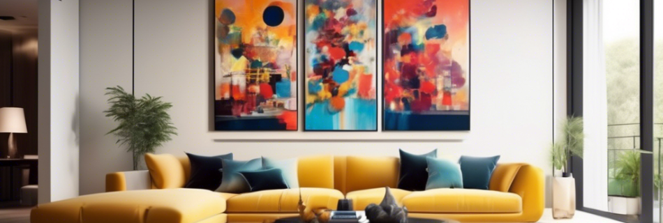 A modern living room with a stylish and minimalistic design, featuring large, vibrant, and stunning wall art pieces that instantly transform the space. The