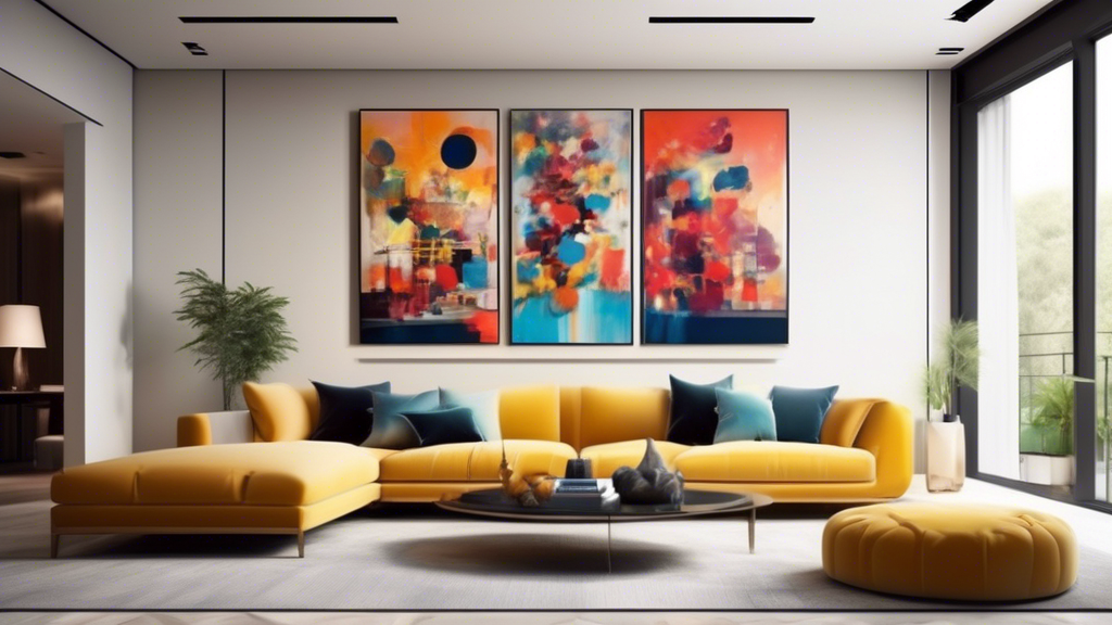 A modern living room with a stylish and minimalistic design, featuring large, vibrant, and stunning wall art pieces that instantly transform the space. The