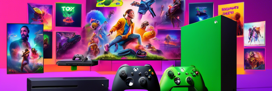 A vibrant 2023-themed image featuring an Xbox console with the latest model on a sleek entertainment setup. Surround the console with exciting elements lik